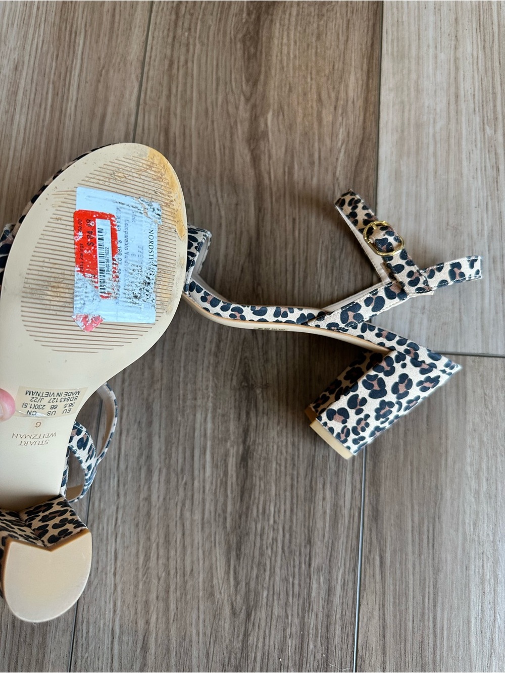 Stuart Weitzman Leopard Print Block Heel Sandals in Tan and Black - Picture 11 of 11